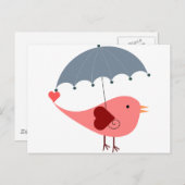 Carte Postale Oiseau rose blanc mignon tenant parapluie (Devant / Derrière)
