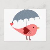 Carte Postale Oiseau rose blanc mignon tenant parapluie (Devant)