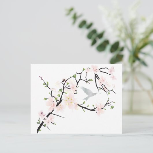 Carte Postale Oiseau rose en fleurs (Debout devant)