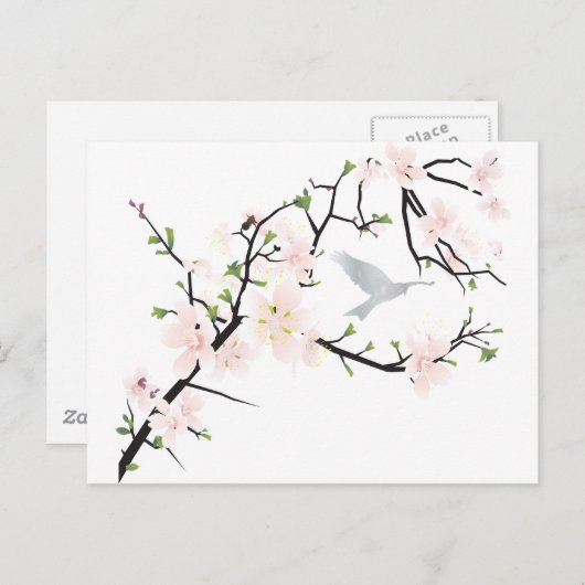 Carte Postale Oiseau rose en fleurs (Devant / Derrière)