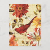 Oiseau rouge dans un jardin fleuri