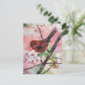Carte Postale Oiseau roux en fleurs de cerisiers (Debout devant)