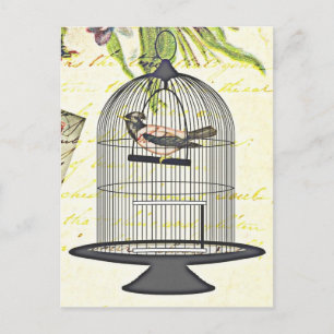 Carte Postale Oiseau victorien en cage Mots peints Design