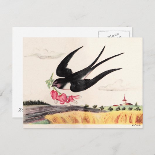 Carte Postale Oiseau Volant Avec Fleurs (Devant / Derrière)