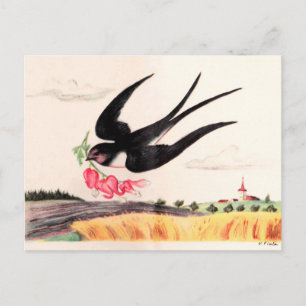 Carte Postale Oiseau Volant Avec Fleurs