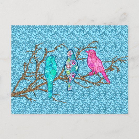 Carte Postale Oiseaux appliqués sur une branche, Sky Blue Multi (Devant)