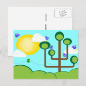 Carte Postale Oiseaux bleus, arbre vert et soleil (Devant / Derrière)