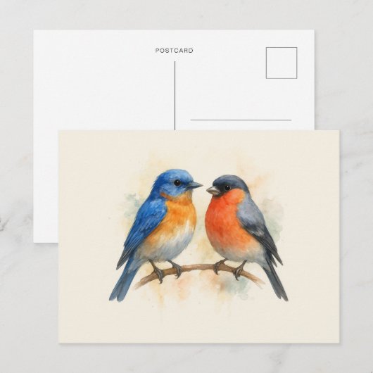 Carte Postale Oiseaux bleus de l'Est et Bullfinch (Devant / Derrière)
