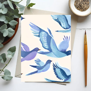 Carte Postale Oiseaux bleus volants   Aquarelle moderne