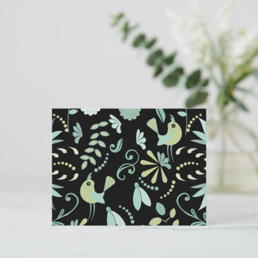 Carte Postale Oiseaux boho mignons fleurs bleu vert noir (Debout devant)