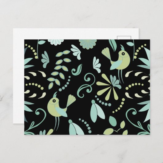 Carte Postale Oiseaux boho mignons fleurs bleu vert noir (Devant / Derrière)