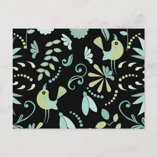 Carte Postale Oiseaux boho mignons fleurs bleu vert noir (Devant)