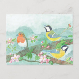 Carte Postale Oiseaux chantant sur une branche d'arbre en fleurs