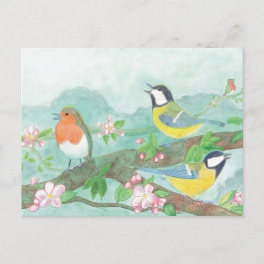 Carte Postale Oiseaux chantant sur une branche d'arbre en fleurs (Devant)