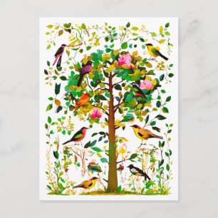Carte Postale Oiseaux colorés dans un arbre en fleurs