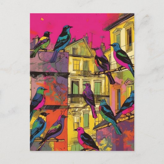 Carte Postale Oiseaux colorés et maisons (Devant)