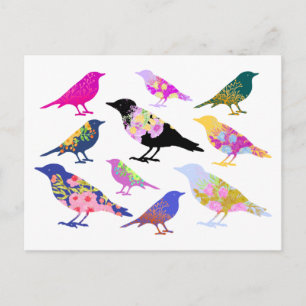 Carte Postale Oiseaux colorés Fleurs Feuille Chic Floral Animal