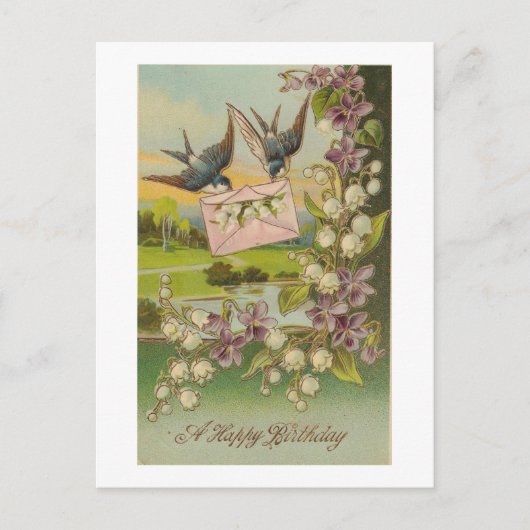Carte Postale Oiseaux d'anniversaire vintages Fleurs violettes (Devant)
