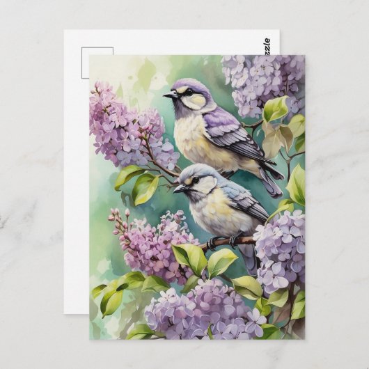 Carte Postale Oiseaux d'aquarelle avec fleurs Lilac en floraison (Devant / Derrière)
