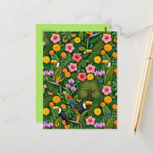 Carte Postale Oiseaux de jungle colorés gais Fleurs tropicales