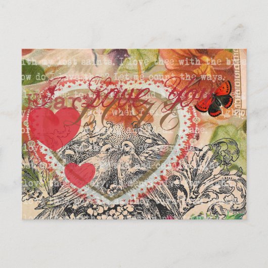 Carte Postale Oiseaux de l'amour Cœur Rouge Collage d'art (Devant)