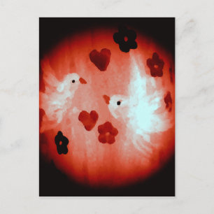 Carte Postale Oiseaux de l'amour Colombes blanches Cœurs rouges