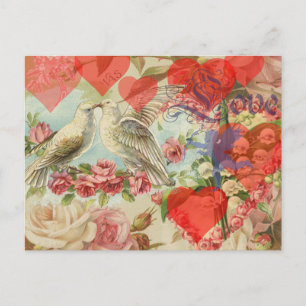 Carte Postale Oiseaux de l'amour Vintage Antique Cœur