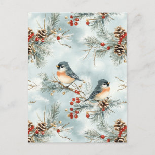 Carte Postale Oiseaux d'hiver Motif avec Pinecones et neige