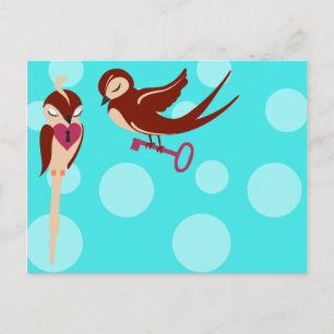 Carte Postale Oiseaux en amour Clé de mon coeur