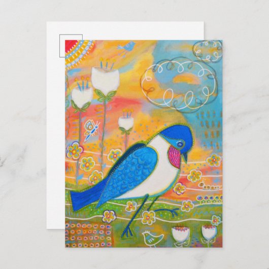 Carte Postale Oiseaux et fleurs blanches (Devant / Derrière)