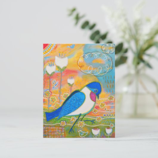 Carte Postale Oiseaux et fleurs blanches (Debout devant)