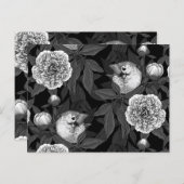 Carte Postale Oiseaux et fleurs de pivoines monochromes, gris (Devant / Derrière)