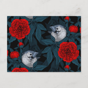 Carte Postale Oiseaux et fleurs de pivoines rouges avec feuilles