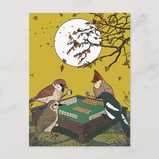 Carte Postale Oiseaux jouant au Mahjong (Devant)