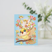 Carte Postale Oiseaux mignons et heureux parmi les fleurs du pri (Debout devant)