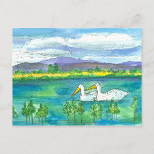 Carte Postale Oiseaux pélicans Aquarelle du désert du lac de la 
