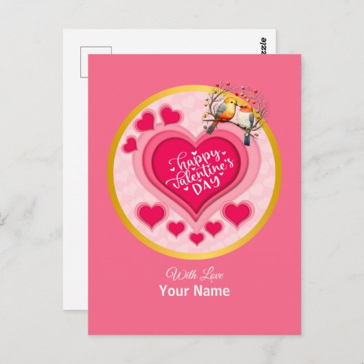 Carte Postale Oiseaux romantiques en Branche Saint-Valentin et c (Devant / Derrière)