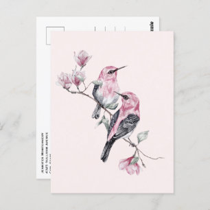 Carte Postale Oiseaux roses et noirs sur une branche d'arbre