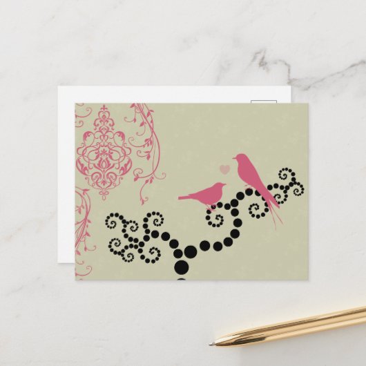Carte Postale Oiseaux Roses, Oiseaux Sur L'Arbre, Points, Coeurs (Devant/Arrière en situation)