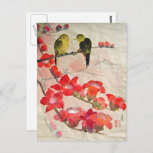 Carte Postale oiseaux sur l'arbre de flore (Devant / Derrière)