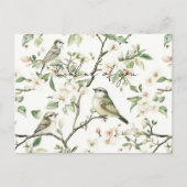 Carte Postale Oiseaux verts fleurs blanches arbre Pensée pour vo (Devant)