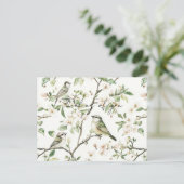 Carte Postale Oiseaux verts fleurs blanches arbre Pensée pour vo (Debout devant)