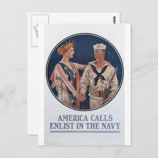 Carte Postale Old Navy Recruiting Poster circa 1917 (Devant / Derrière)