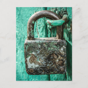 Carte Postale Old Rusted Lock Teal Aqua Blue Wooden Door