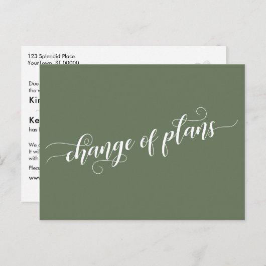 Carte Postale Olive Green Changement de plans Reporté Mariage (Devant / Derrière)