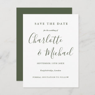 Carte Postale Olive Green Script Wedding Enregistrer la date Car