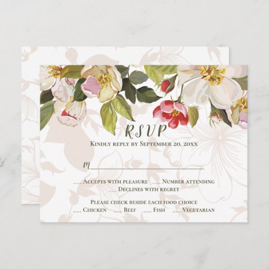 Carte Postale Olive Vert rose Magnolia Fleurs Mariage RSVP (Devant / Derrière)
