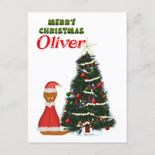 Carte Postale Oliver habillé en Père Noël par son arbre de Noël