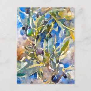 Carte Postale Olives aquarelles sur la branche d'olives. Peint.