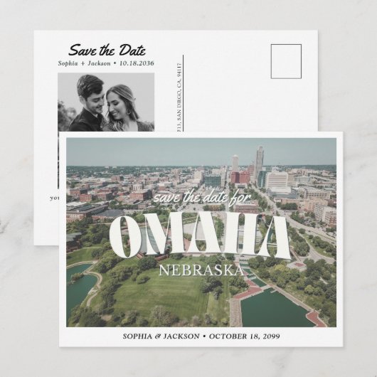 Carte Postale Omaha Mariage Enregistrer la Date Rétro Skyline (Devant / Derrière)